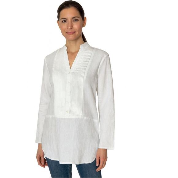 Resort Wear White Pleated Button Front Tuxedo Tunic, Vacation, Beach, Summer XS - Picture 1 of 8